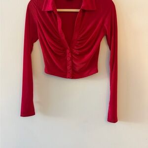 naked wardrobe Red Ruched Button-Front Long Sleeve Crop Top